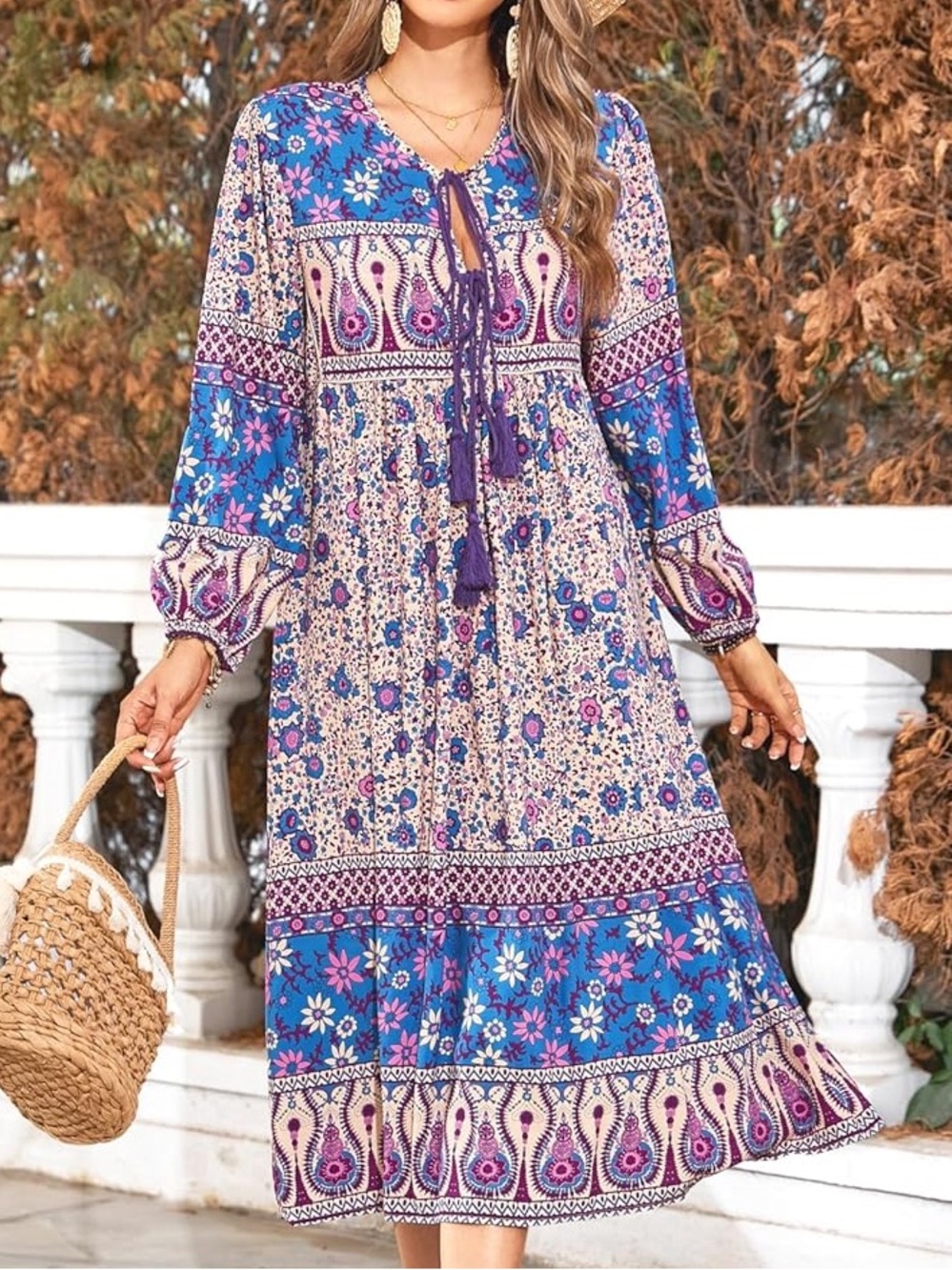 R. Vivimos Blue Purple Bohemian Floral Tassel Tie Midi Dress Size Medium